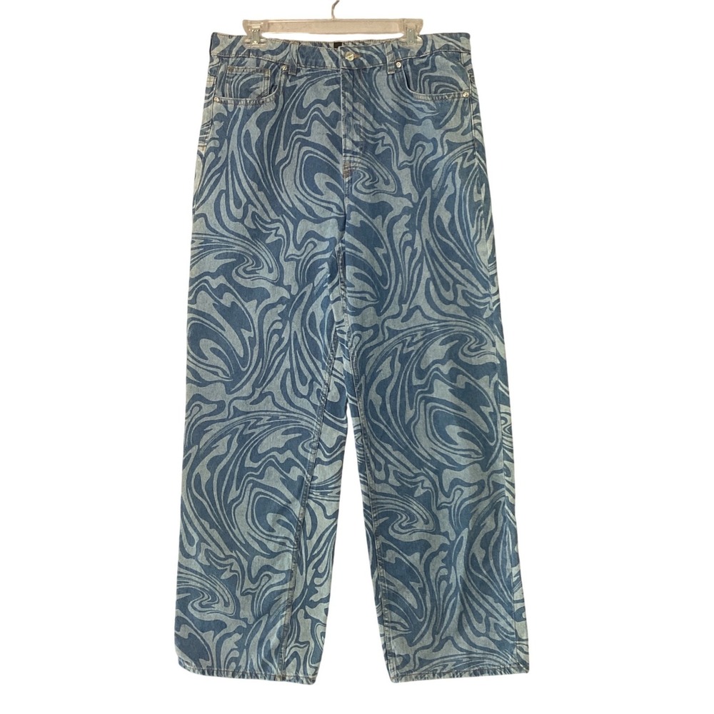 H&M Divided Jeans Womens 12 Blue Marble Swirl Psychedelic Wide Leg High Waisted
